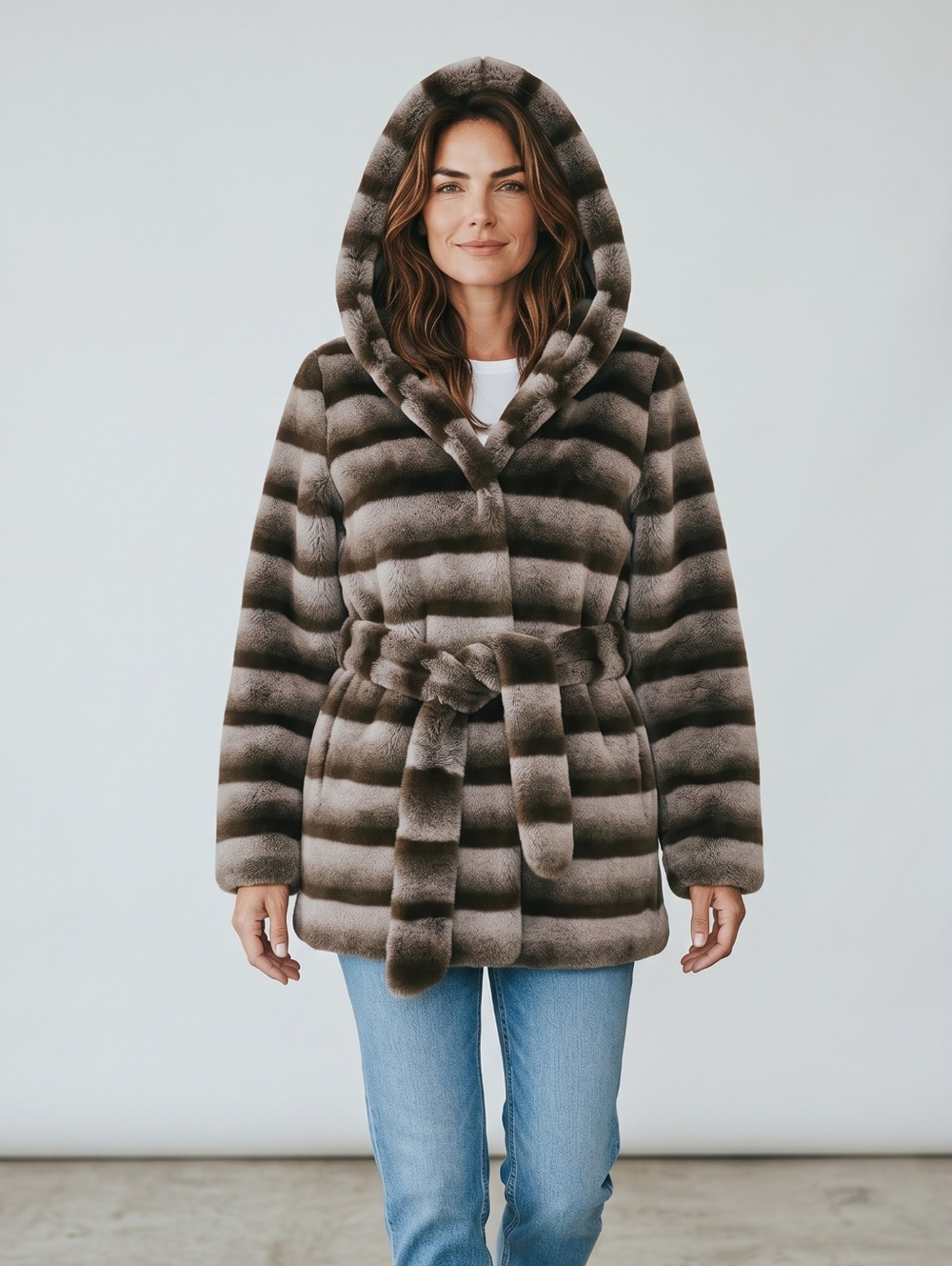 Luxury Faux Fur Hooded Coat Brown Striped Belted Jacket Soft Plush Winter Chic